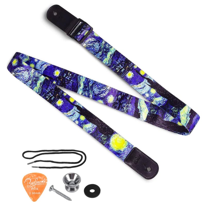 BestSounds Van Gogh"Starry Night" Ukulele Strap & Leather Ends Shoulder Strap for Soprano Concert Tenor and Baritone Ukulele (Uke-Starry Night) - Image 1